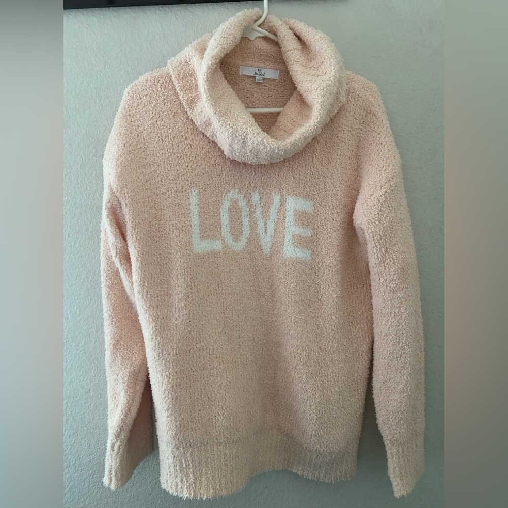 Marled Plush Cowl Neck Sweater with LOVE Graphic - Light Pink & White NWOT